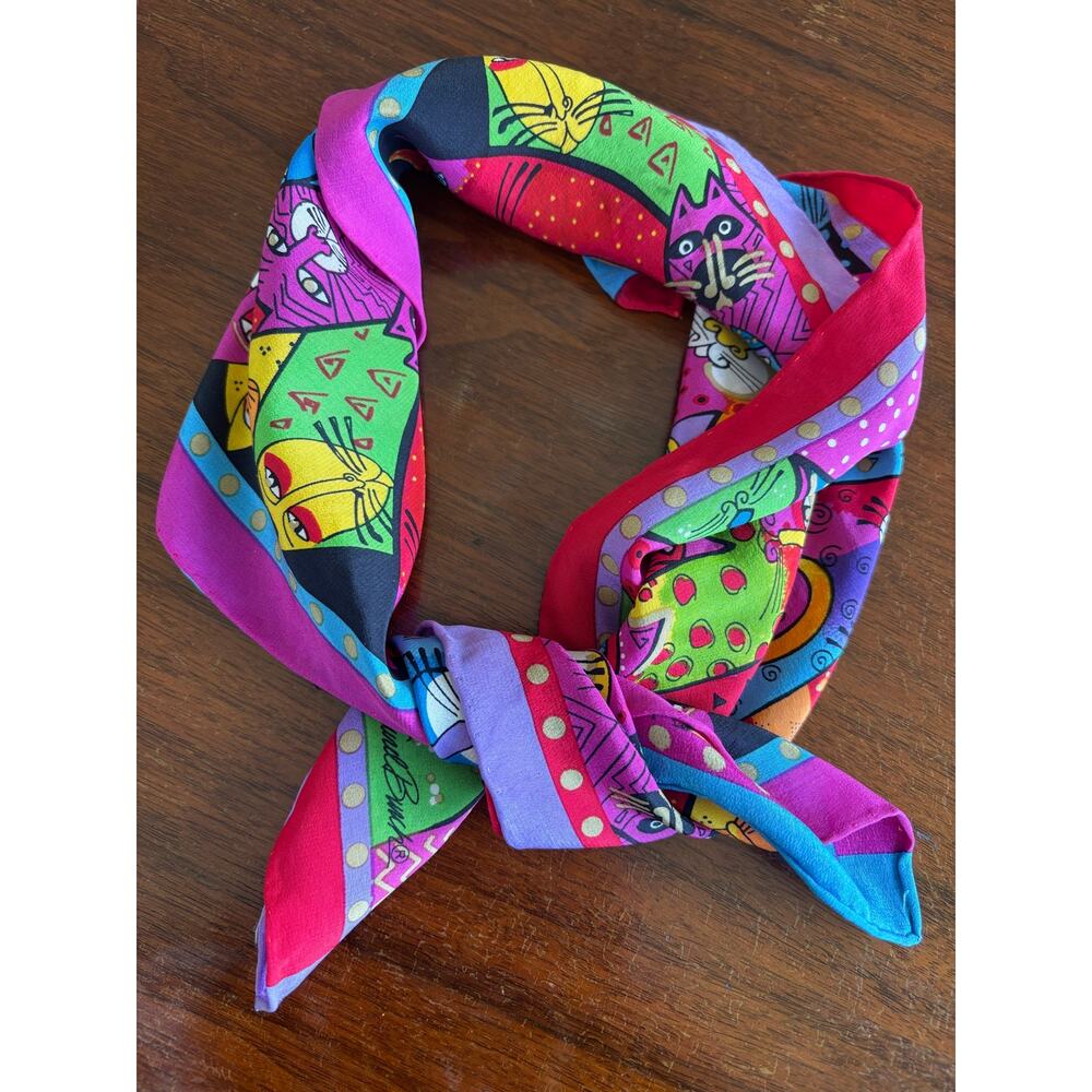 Vintage Laurel Burch Scarf Fantasticats Cat Print Square Silk Scarf - Picture 5 of 5